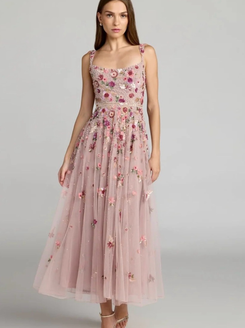 Mac Duggal Blush Pink Embroidered Floral Midi Dress size 6